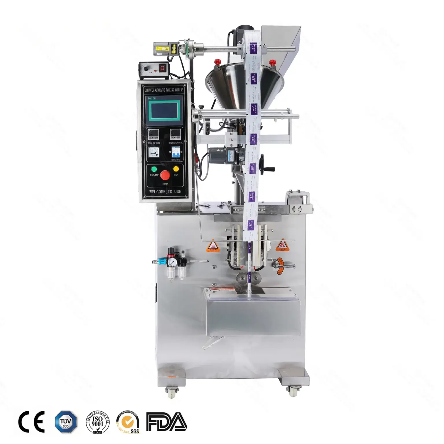 powder back seal3 sides sealing packaging machine front view