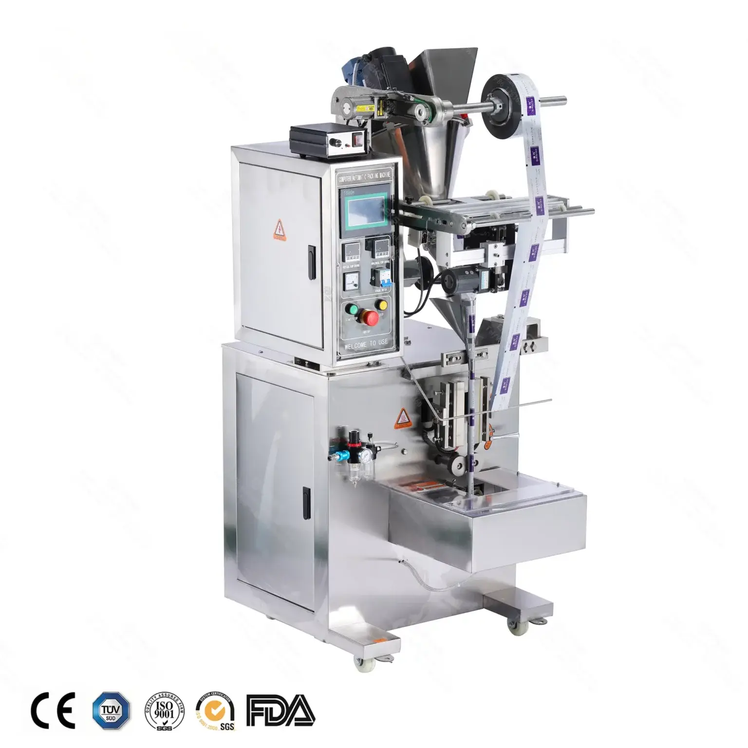powder back seal3 sides sealing packaging machine side view